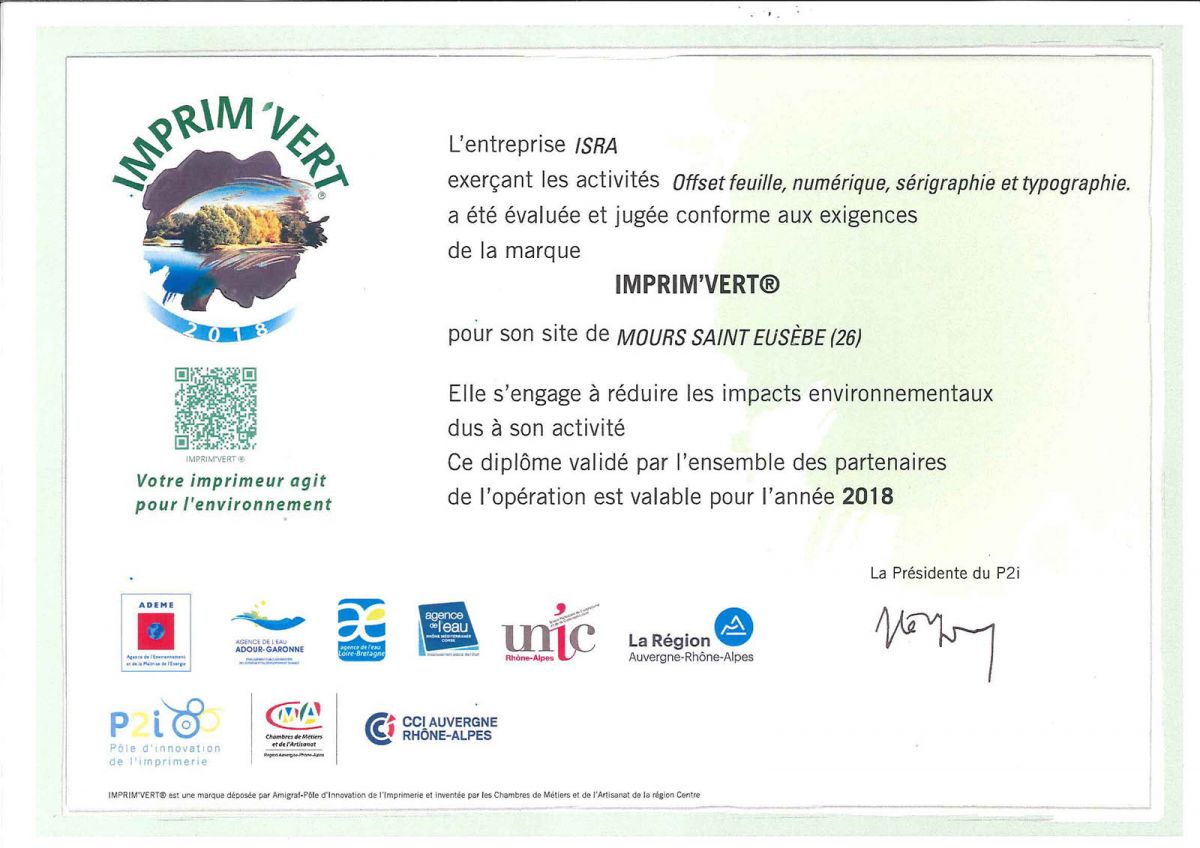 Certificat Imprim'Vert année 2018