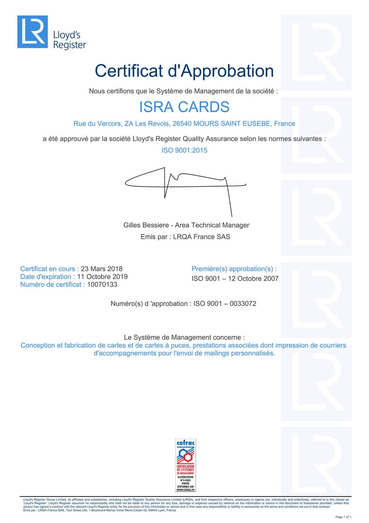 Certificat ISO 9001 année 2015